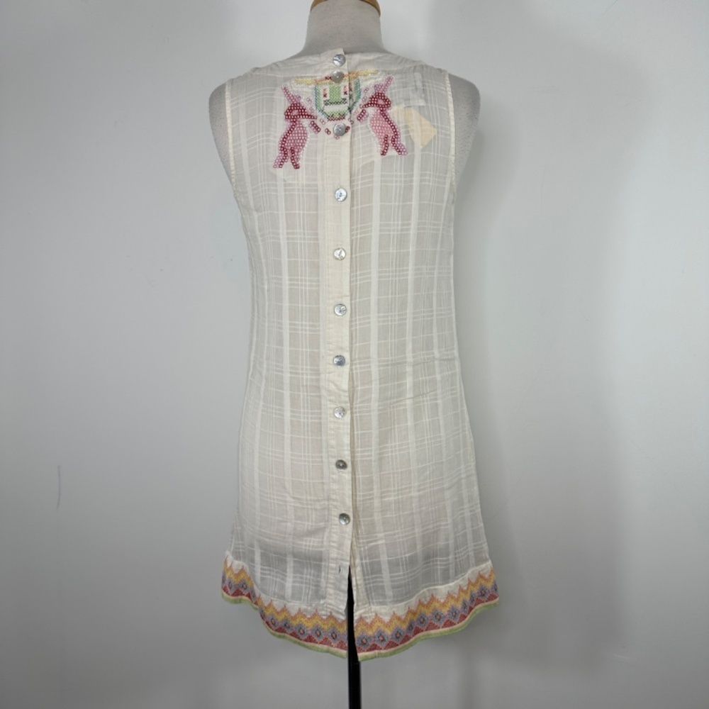 Y2K Da-Nang White Boho Sleeveless Cotton Embroidery Beaded Shift Dress Size S - Picture 9 of 15